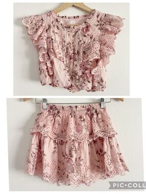 LoveShackFancy Gap Pink Floral Eyelet Ruffle Top & Skirt Set